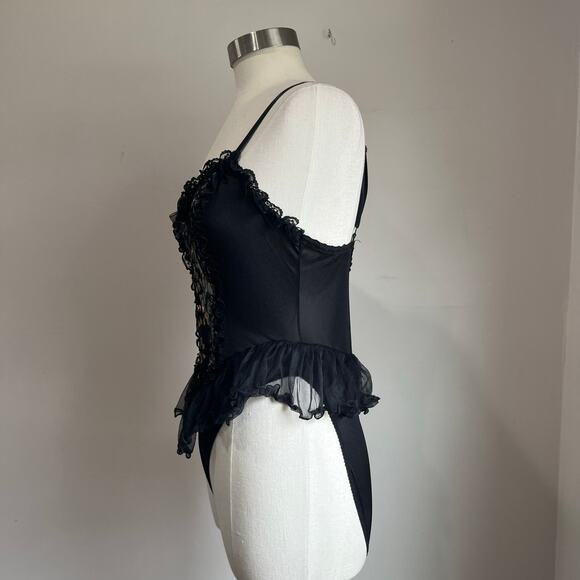 90s Vintage Dark Fairy Lace Black & Gold Bodysuit With Sheer Flouncy Tutu Size M - Picture 5 of 8